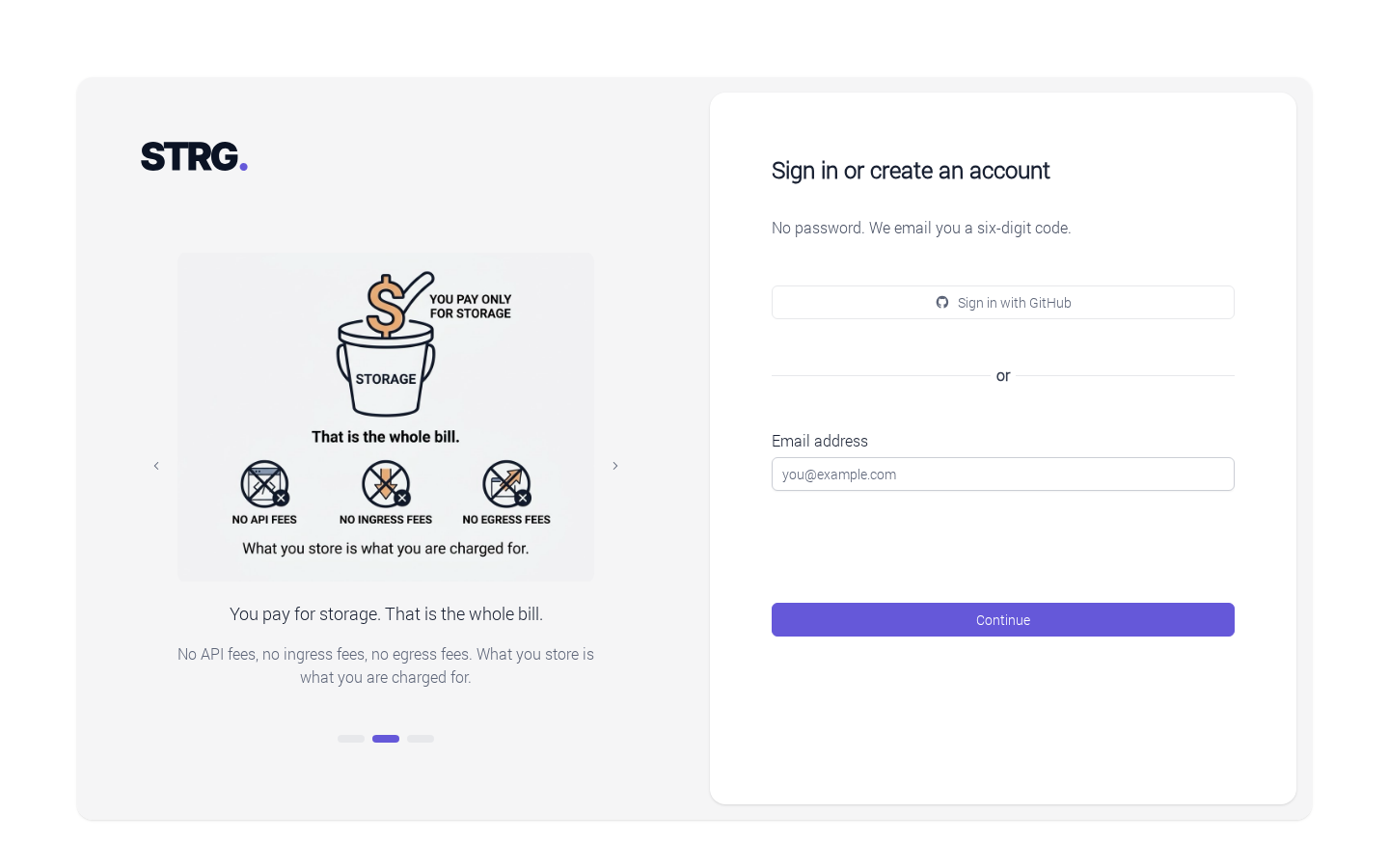 The sign-in screen, titled "Sign in or create an account", with a "Sign in with GitHub" button and an "Email address" field above a "Continue" button