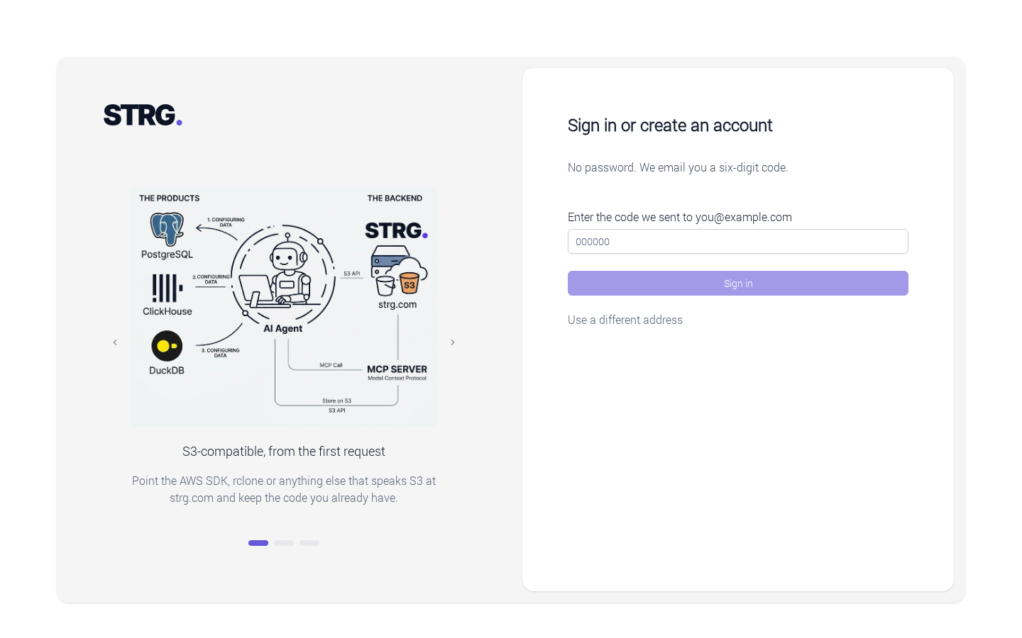 The code step: "Enter the code we sent to you@example.com", a six-digit code field and a "Sign in" button