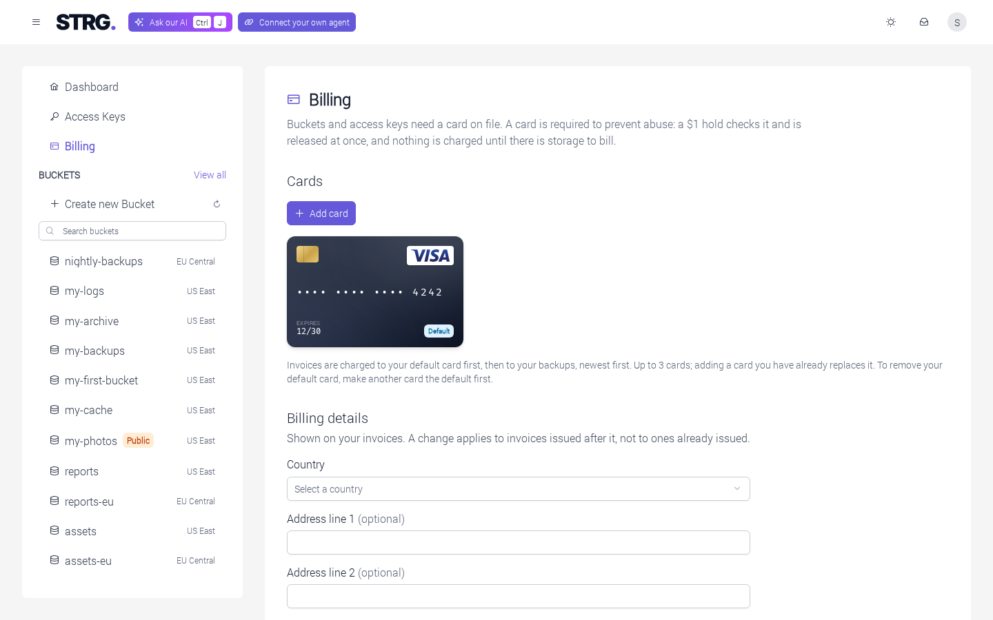 The Billing page: the explanation of why a card is required, the Cards list with an "Add card" button above a saved card, and the Billing details form below it