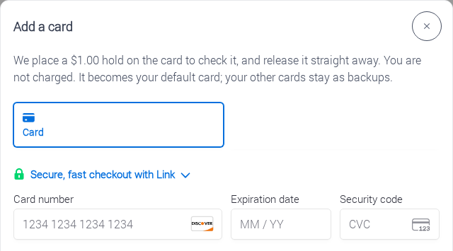 The top of the "Add a card" dialog: the note about the $1 hold, then the card number, expiration date and security code fields