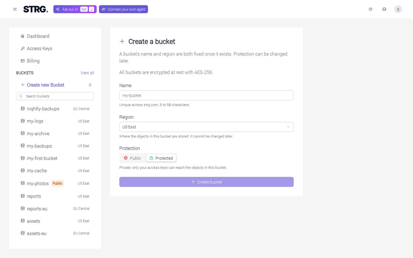 The "Create a bucket" form with an empty Name, the Region picker and the Protection choice set to Protected