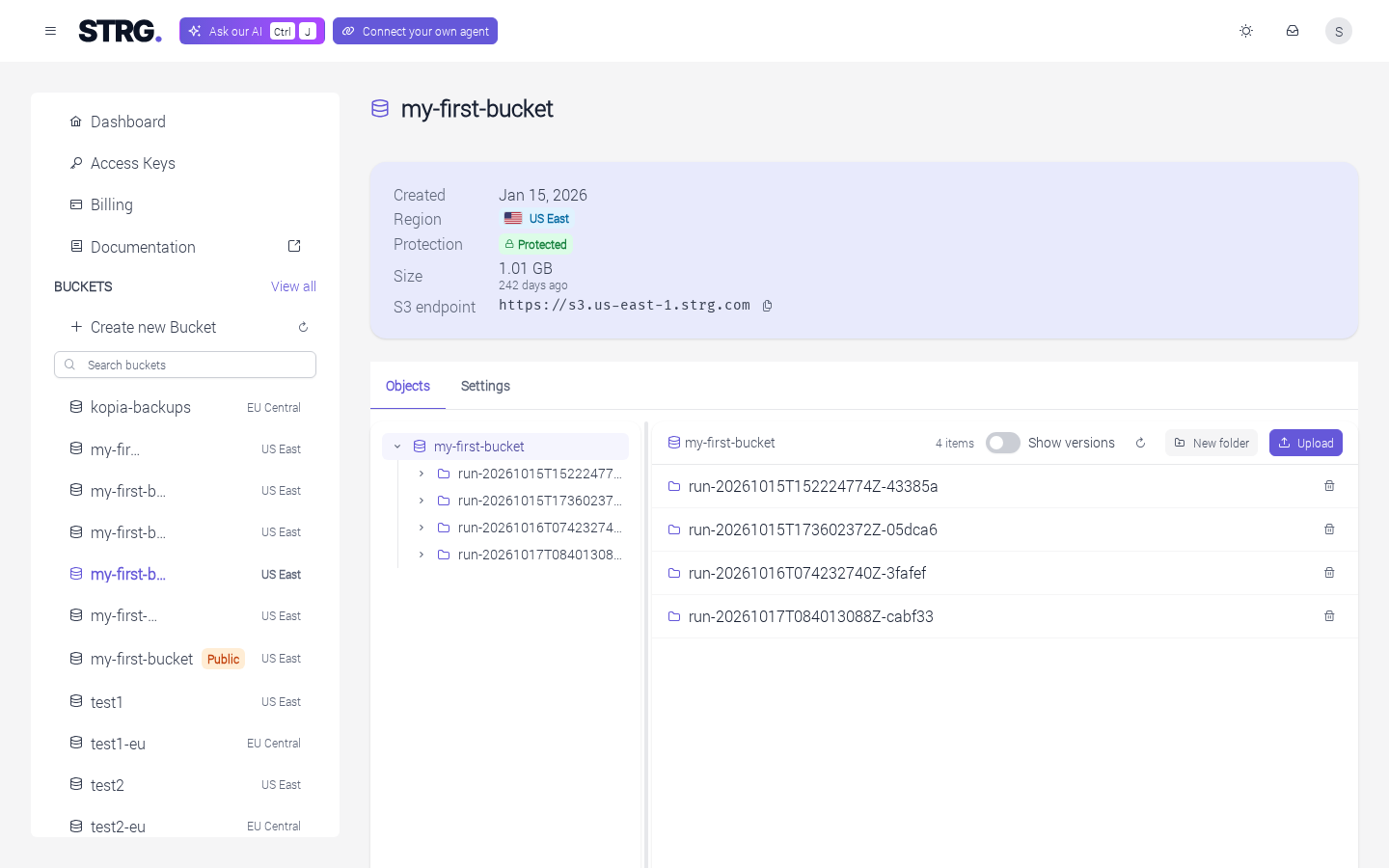 The page of my-first-bucket: the card with Created, Region, Protection, Size and S3 endpoint with a copy button, above the Objects and Settings tabs and the object browser listing four folders