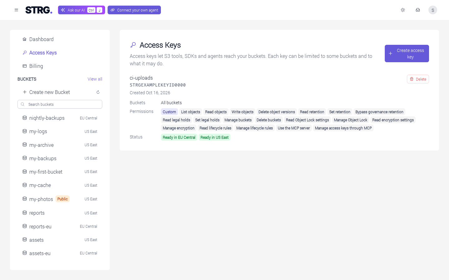 The Access Keys page: a "Create access key" button above the list of keys, each with its buckets, permissions and a Status row