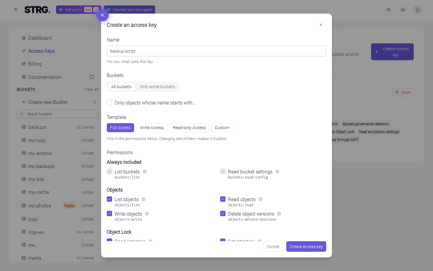 The "Create an access key" dialog: the name backup-script, All buckets selected, the Template choices with Full Access selected, the Permissions list, and the Cancel and Create access key buttons