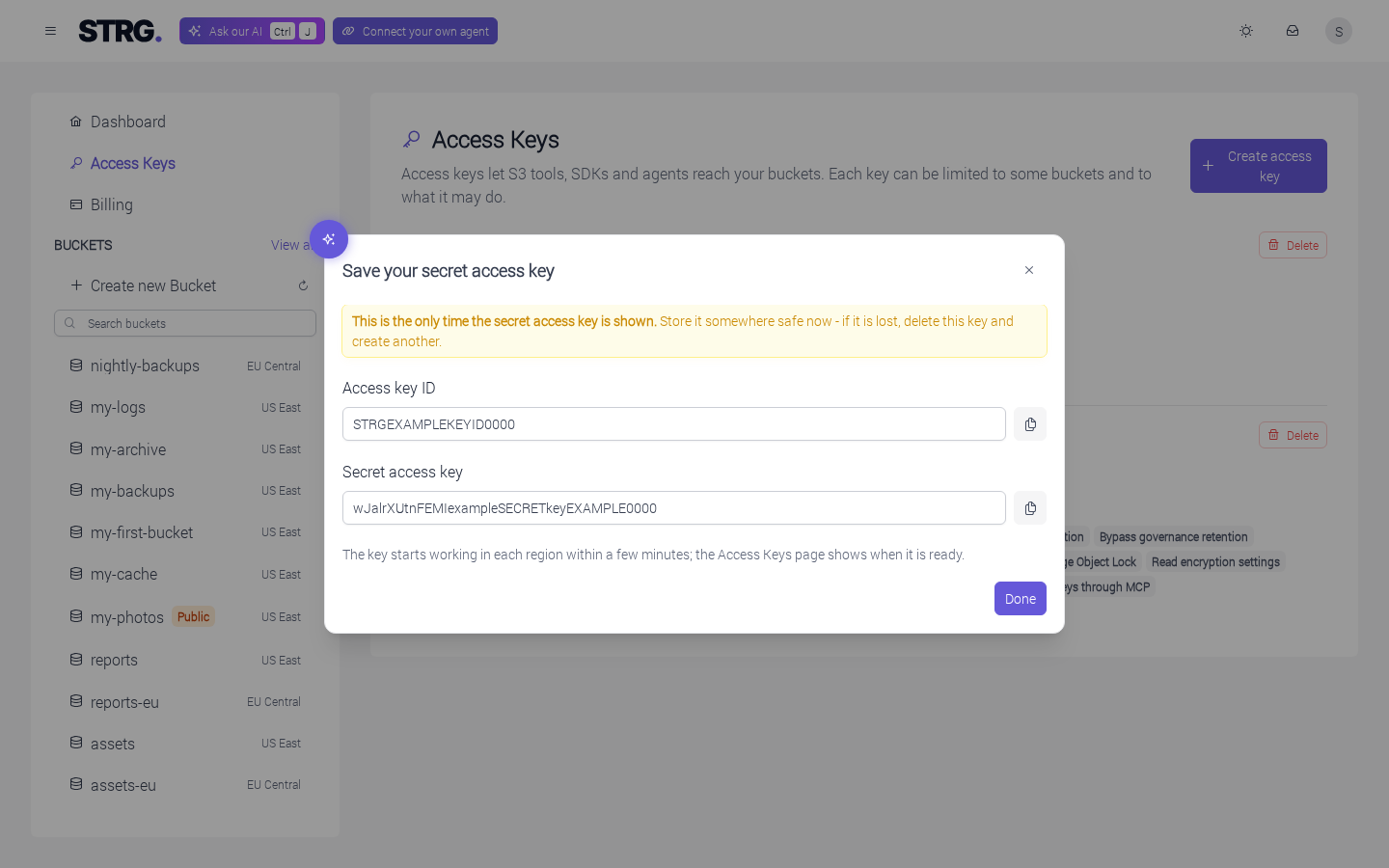 The "Save your secret access key" dialog, warning that this is the only time the secret is shown, with the Access key ID and Secret access key fields